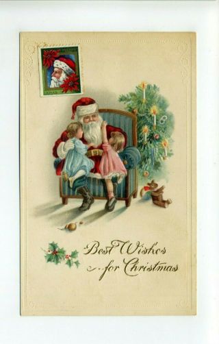 Antique Embossed Santa Christmas Postcard,  Children,  Teddy Bear,  Tree,  Candles