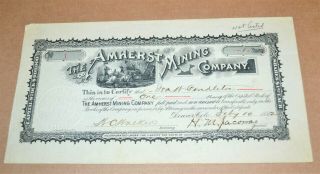 The Amherst Mining Company 1892 Antique Stock Certificate No.  1