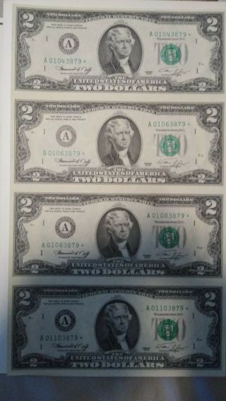 1976 Star Note $2 Dollar Bill Uncut Sheet Of 4 Uncirculated Rare Low Serial S