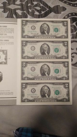 1976 Star Note $2 Dollar Bill Uncut Sheet of 4 Uncirculated Rare Low Serial s 3