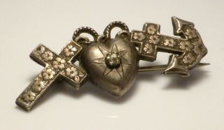 Fine Lovely Antique Ornate Sterling Silver Heart Anchor & Cross Pin Brooch 2.  5g