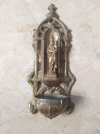 Antique French Cast Metal Holy Water Font Virgin Mary