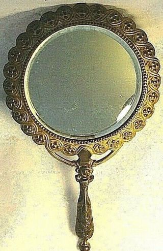 Antique Ornate,  B & A Beveled Hand Held Mirror,  Cast Metal W/gold Tone 3568