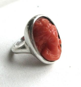 Antique Victorian Carved Red Coral Cameo Sterling Silver Ring Size 3