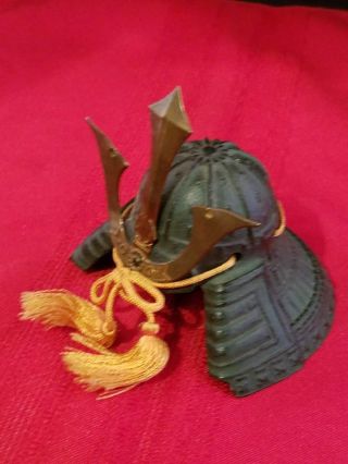 Vintage Japanese Miniature Samurai Warrior Helmet Kabuto Cast Iron Brass 3.  25 " H