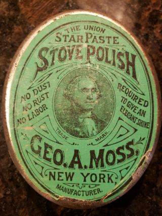 Antique Advertising Tin Union Star Paste Stove Polish George Washington Moss Ny