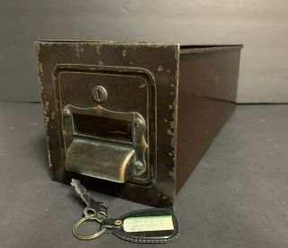 Antique Vtg Metal Bank Safe Money Deposit Lock Box W/key 14” X 5 " X 5 " Brown