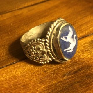 Middle East Blue Stone Intaglio Silver Tone Signet Ring Ancient Islamic Antique