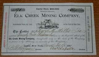 Elk Creek Mining Company 1881 Antique Stock Certificate – 25,  000 Shares (1/2 Of