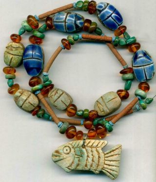 Beads Egyptian Scarab Fish Beads Ceramic Glyphs Amber Turquoise 22 "