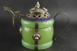 Collectible Vintage Chinese Tibetan Silver Dragon Cloisonne Inlay Jade Teapot
