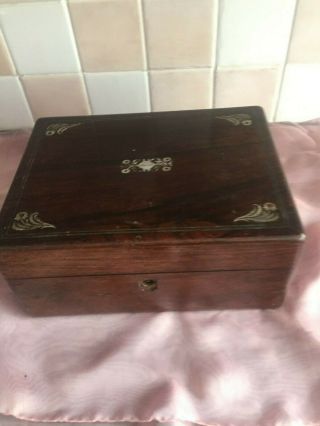 Vintage Wooden Sewing Box With A Mother Of Pearl Decoration On The Top