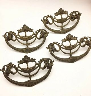 Antique Victorian / Nouveau Drawer Pulls Ornate Brass Set 4 Drop Handle Pulls
