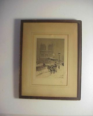 Yvoz Antique Pencil Signed Etching Of Street Vendor & Children With Cathedral