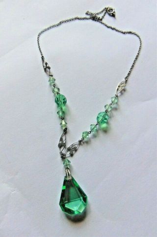 Antique Art Deco Delicate Green Glass White Metal Necklace