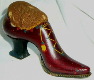 Antique Victorian Wooden Pin Cushion Shaped Like A Shoe Tole Painted By Hand