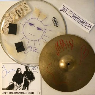 Jeff The Brotherhood Signed Kick Drum Head And Cymbal,  More One - Of - A - Kind Rare