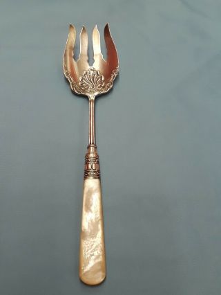 Large Antique Sterling Silver Fork With Mother Of Pearl Handle.
