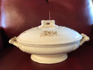 Small Ceramic Soup Tureen,  Covered,  Off White With Leaf Pattern