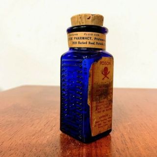 Antique Cobalt Blue Poison Bottle With Label 3” Tall Embossed Poison