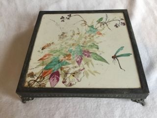 Antique Aesthetic Movement Tile W/ Dragonfly In Silverplate Trivet