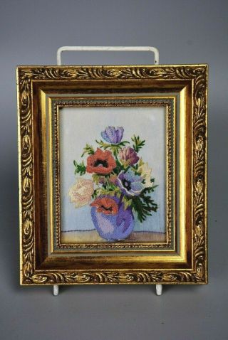 Small Embroidered Silk Framed Picture,  Still Life Vase Of Flowers