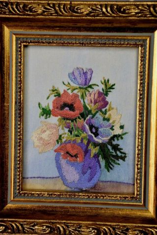 Small Embroidered Silk Framed Picture,  Still Life Vase of Flowers 2