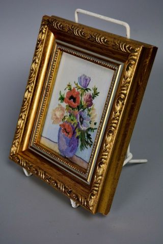 Small Embroidered Silk Framed Picture,  Still Life Vase of Flowers 3