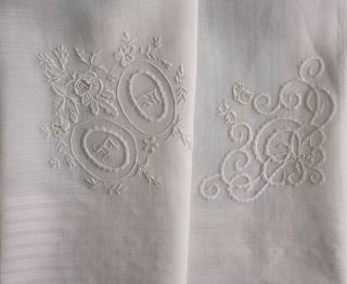 2 Antique Fine French Whitework Handkerchiefs With Monograms