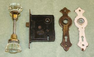 Pexto 4 Antique Lock Set - 12 - Point Glass Door Knobs - 2 Door Plates - No Keys