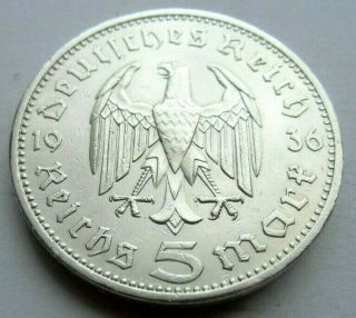 (698) Antique Wwii German 3rd Reich 1936 A 5 Reichsmark Silver Coin