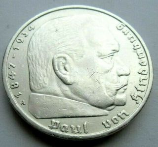 (698) ANTIQUE WWII German 3rd Reich 1936 A 5 Reichsmark Silver Coin 2