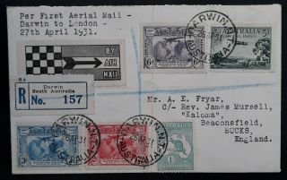 Rare 1931 Australia First Flight Cover Darwin To London With Airmail Vignette