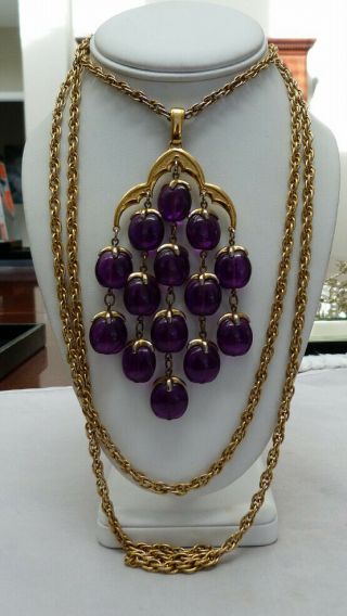 Vintage Signed Crown Trifari Purple Lucite Waterfall Chandelier Necklace Book Pc