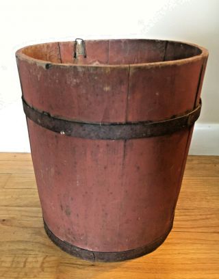 Antique Wooden Bucket Red Milk Paint 12 " X 11 " Metal Bands
