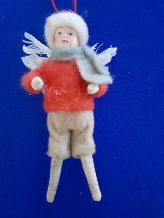 Antique Spun Cotton Boy,  Bisque Head Boy Angel Ornament With Real Birds Wings