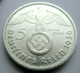 (7) Rare Wwii German 5 Mark - 1936 E - 90 Silver - Coin Big Swastika
