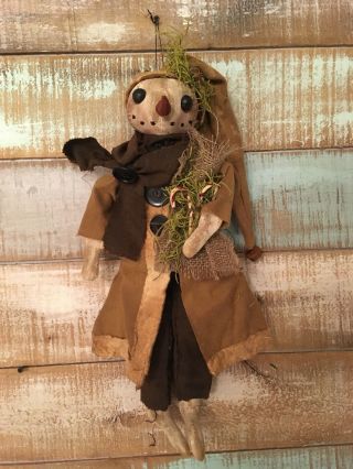 Primitive Wool Woodland Snowman Doll With Candy Canes Long Cap Grungy