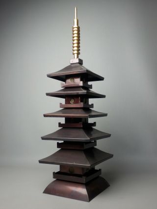Japanese Vtg Singed H 59cm 23.  2” Copper Pagoda " Goju No Tou " Statue Kyoto Temple