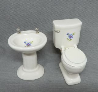 Vintage Porcelain Sink & Toilet W Flowers - Artisan Dollhouse Miniature 1:12