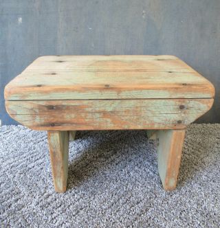 Antique Foot Stool 12 " Green Paint Pine Wood Primitive Small Footstool