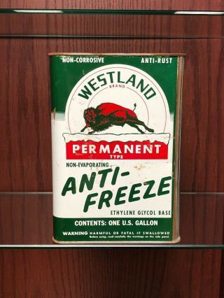 Rare.  Vintage.  Westland.  1 Gallon Anti - Freeze Can.  Great Graphics.  North Dakota