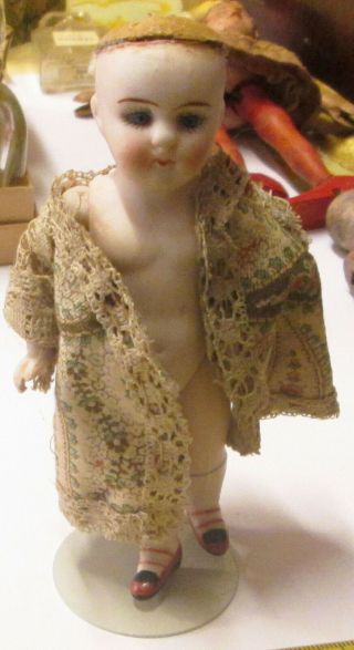 Old Vintage Antique 5 " Jointed Bisque Toy Doll W Glass Eyes Painted Socks Shoes