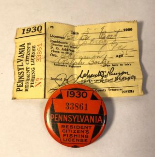 1930 Pennsylvania Resident Fishing License Button W Paper
