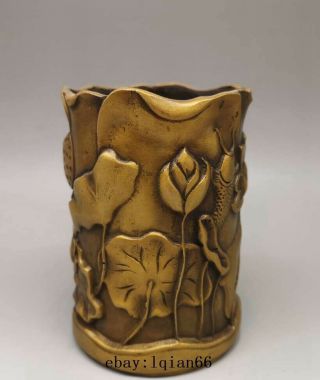 Old China Brass Copper Hand - Carved Lotus Pots Jar Pen Holder & Xuande Mark