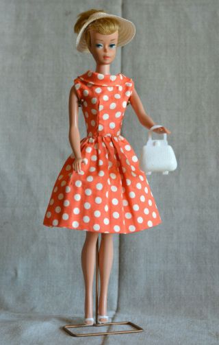 Vintage Barbie Handmade Polka Dot Tangerine Dress Wi Clone Straw Hat Purse,  60s
