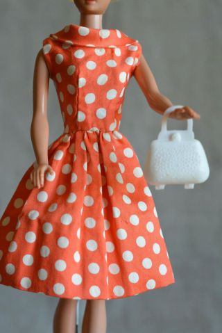 Vintage Barbie Handmade Polka Dot Tangerine Dress wi Clone Straw Hat Purse,  60s 2