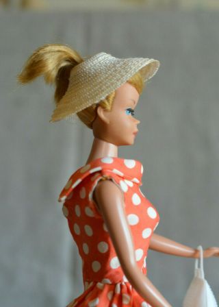 Vintage Barbie Handmade Polka Dot Tangerine Dress wi Clone Straw Hat Purse,  60s 3