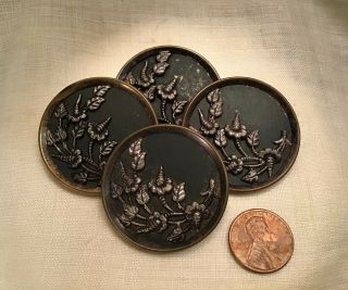Set Of 4 Antique Vintage Victorian Metal Pictorial Buttons - Floral Spray - 1 3/4 "