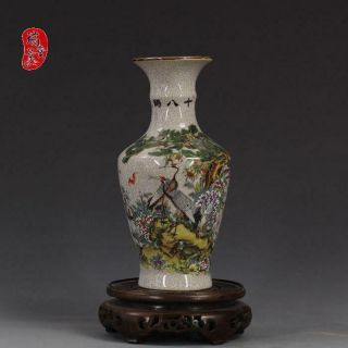 Old Antique Hand Painting Qing Qianlong Pastel Crane Pine Bat Crackle Vase